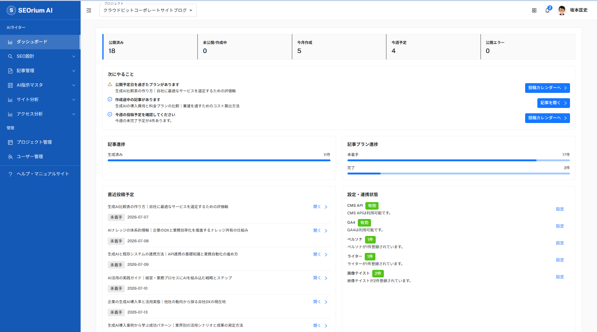 SEOrium AIのダッシュボード画面